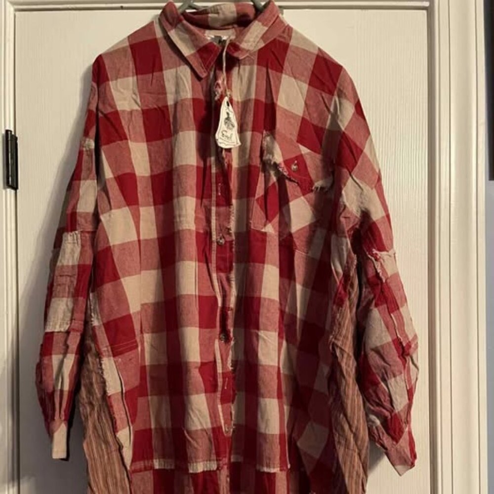 Relaxed Red & Cream Plaid Button-Up Tunic